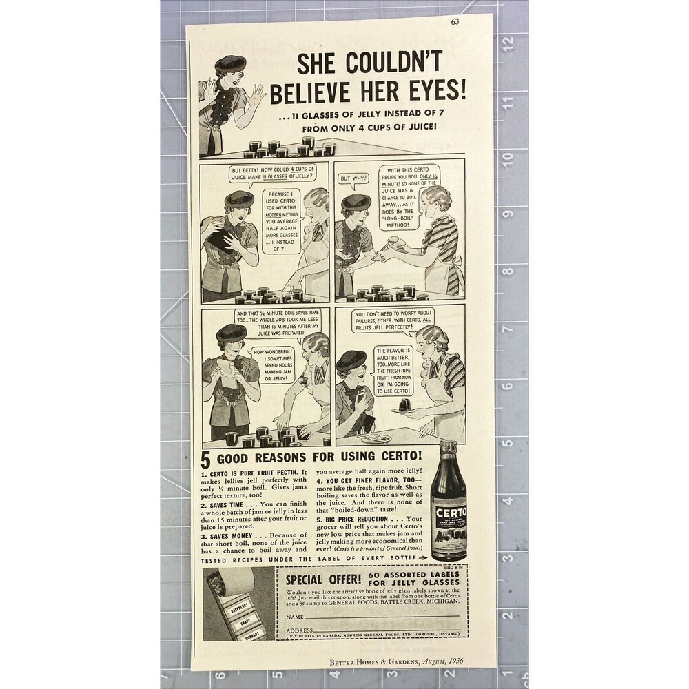 CERTO Fruit Pectin "She Couldn't Believe Her eyes" Cartoon Vintage Print Ad 1936